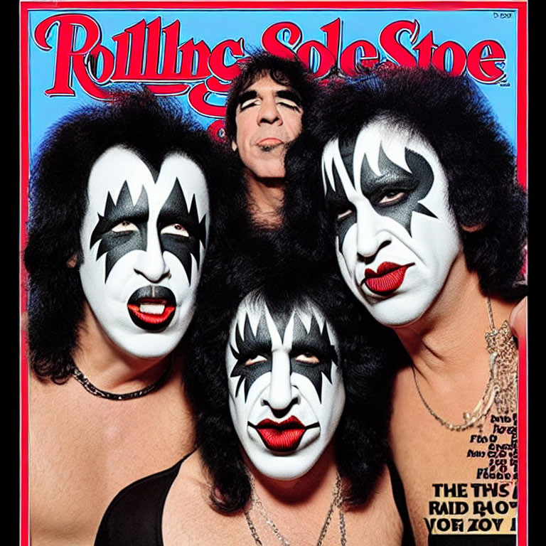 Vintage Magazine Cover Featuring Three Individuals with Black and White Face Paint and Colorful Text and Logos
