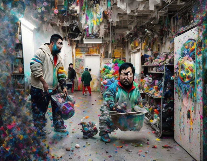 Colorful art studio scene with two people and paint explosion