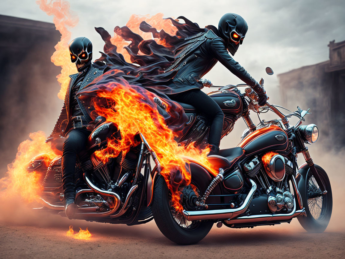 Two riders in skull helmets on flaming motorcycle in smoky scene