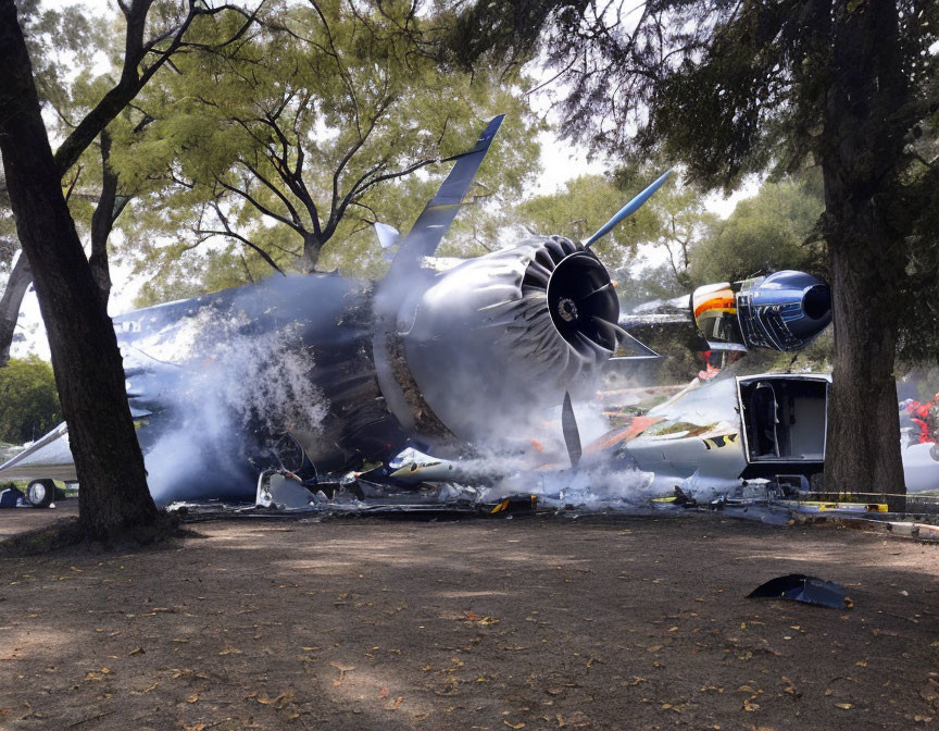 Small Plane Crash Amid Trees with Smoke Rising
