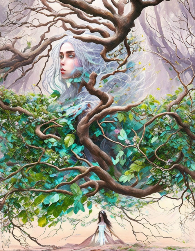 Ethereal woman merges with tree in captivating artwork