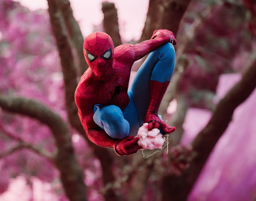 Spiderman eating fairy floss