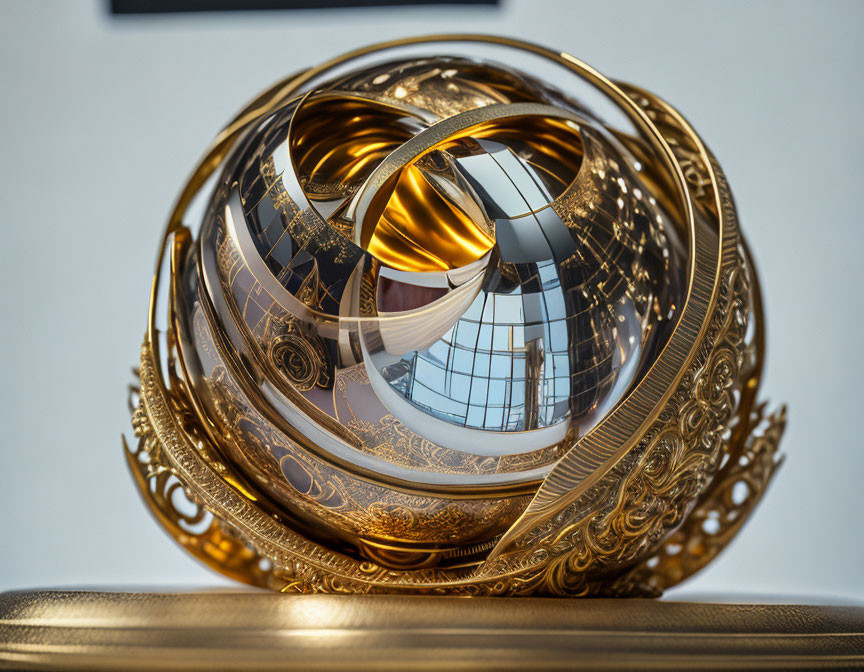 Reflective Golden Spherical Sculpture with Intricate Patterns Distorting Room's Image