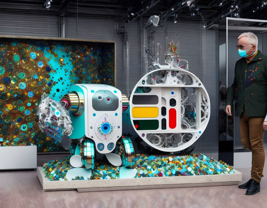 Colorful Robot Installation Surrounded by Abstract Art Display