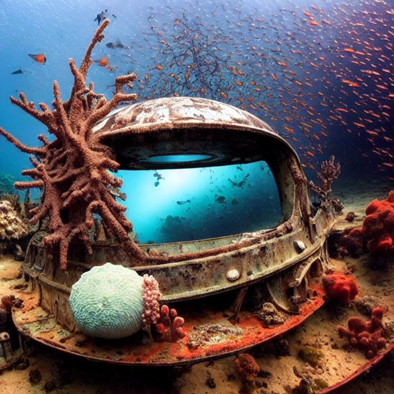 Coral-encrusted car wreck in vibrant underwater scene