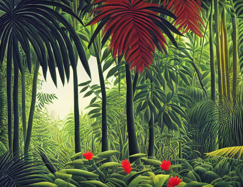 Lush Tropical Jungle with Green Foliage and Red Flowers