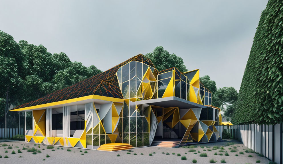 Contemporary geometric house with yellow and black facade in lush green setting