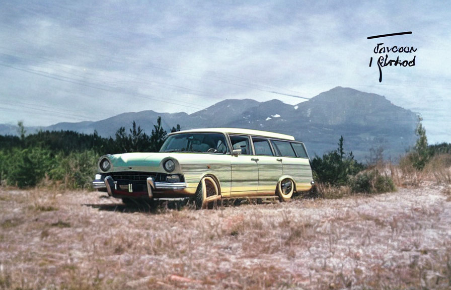 Classic Green Station Wagon in Field with Mountain Background