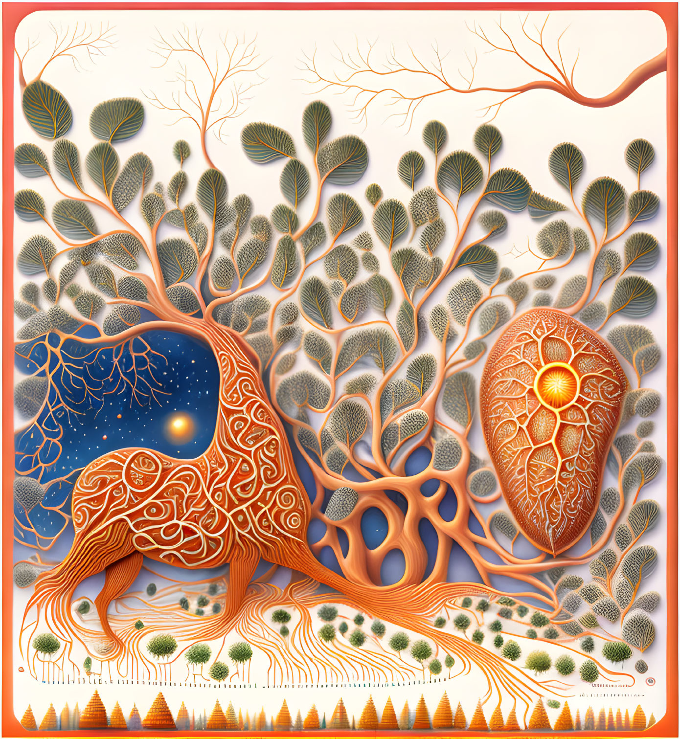 Detailed Stylized Tree Illustration with Vibrant Orange Hue