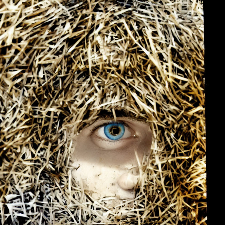 Blue eye peeking through circular opening in haystack