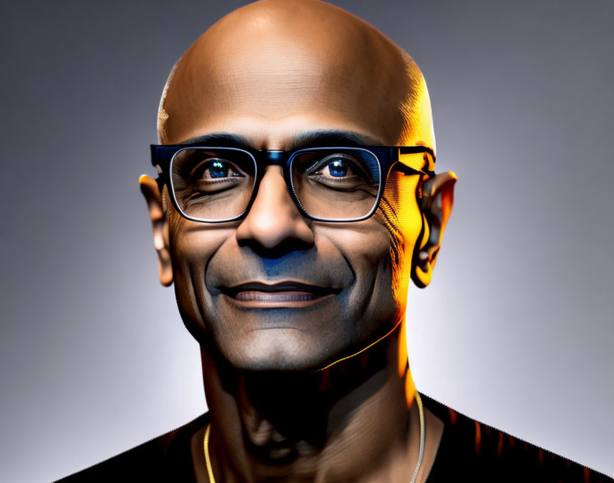 Smiling bald person with glasses on gradient backdrop