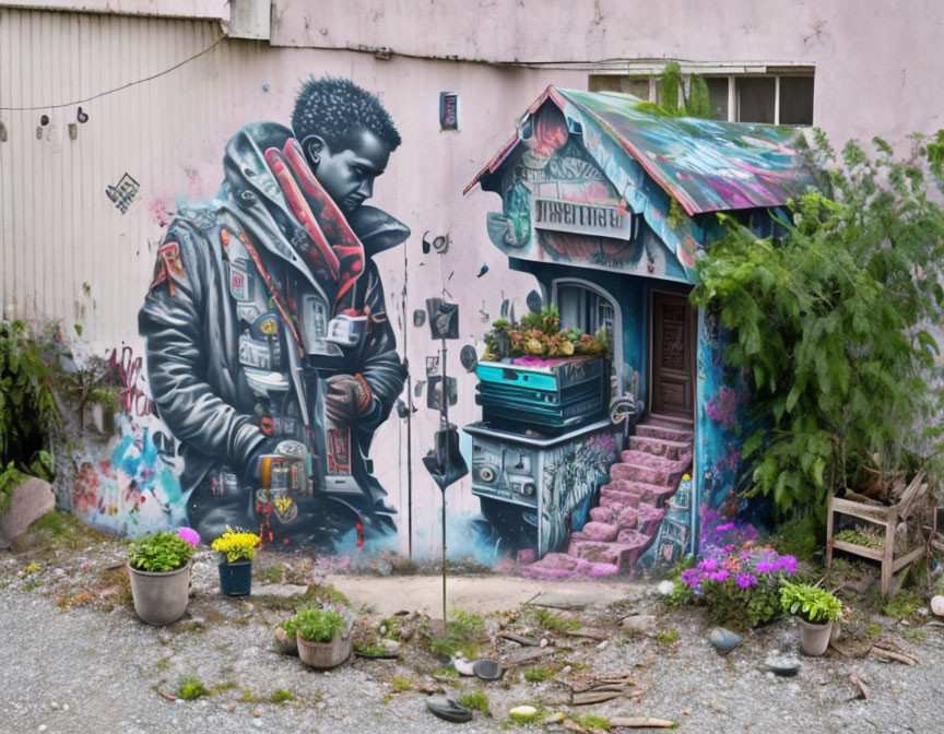 Colorful street mural: person with jacket and headphones by vibrant house facade