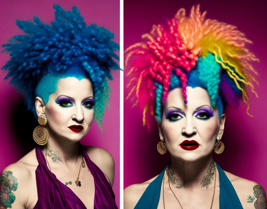 Vibrant punk hairstyles and bold makeup on pink background portraits