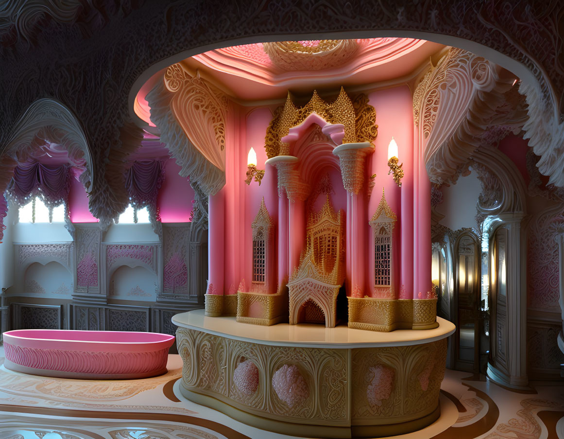 Opulent pink and gold castle interior with intricate patterns
