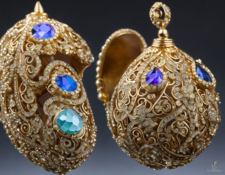 Golden earrings with blue gemstones on dark background
