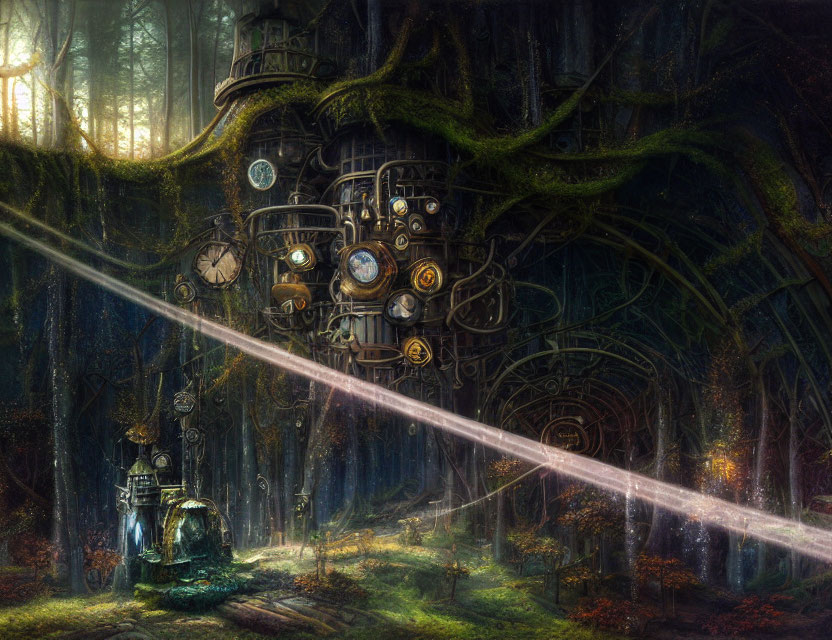 Clockwork treehouse in enchanted forest with sunbeams.