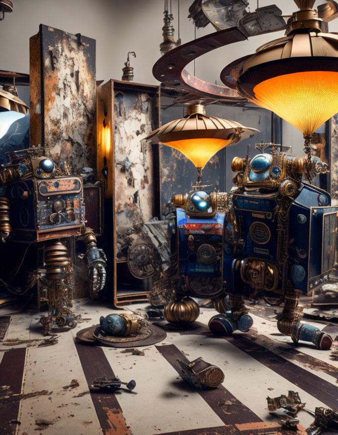 Vintage robots and robotic parts in cluttered room with pendant lamps and rusted lockers