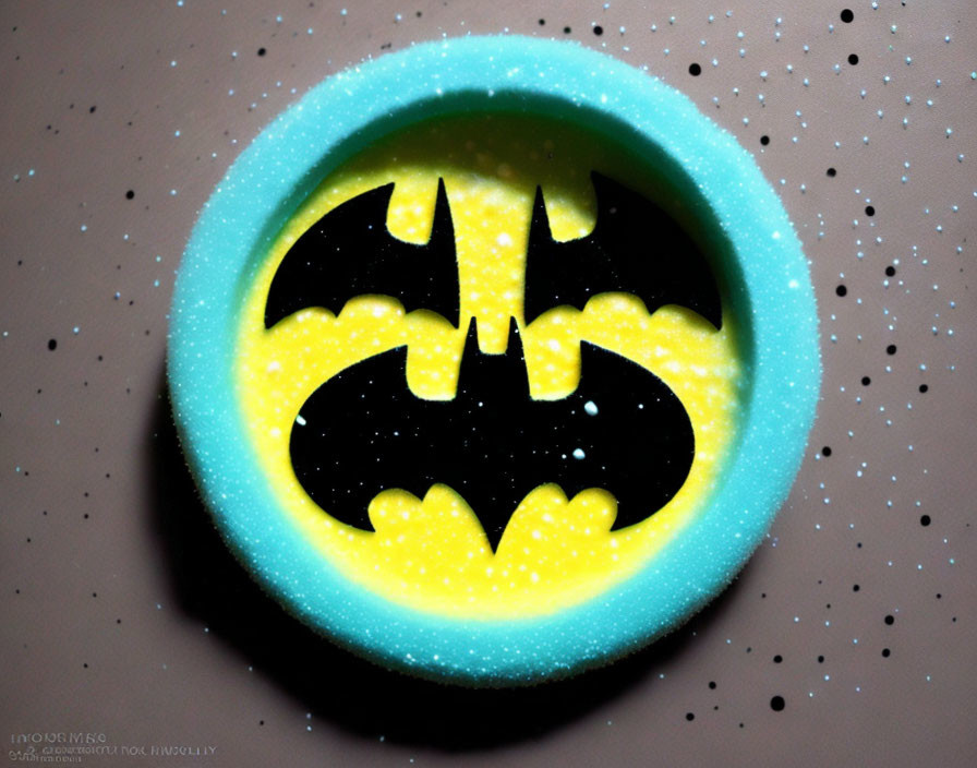 Yellow and Blue Batman Symbol on Dark Speckled Background