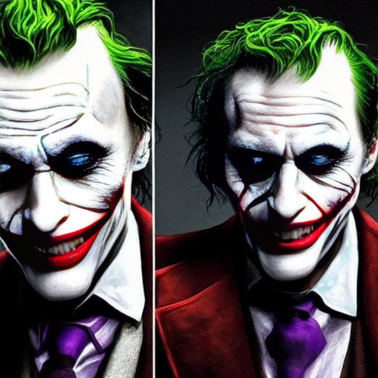 Split image of person with Joker makeup: colorful vs. desaturated portrayal