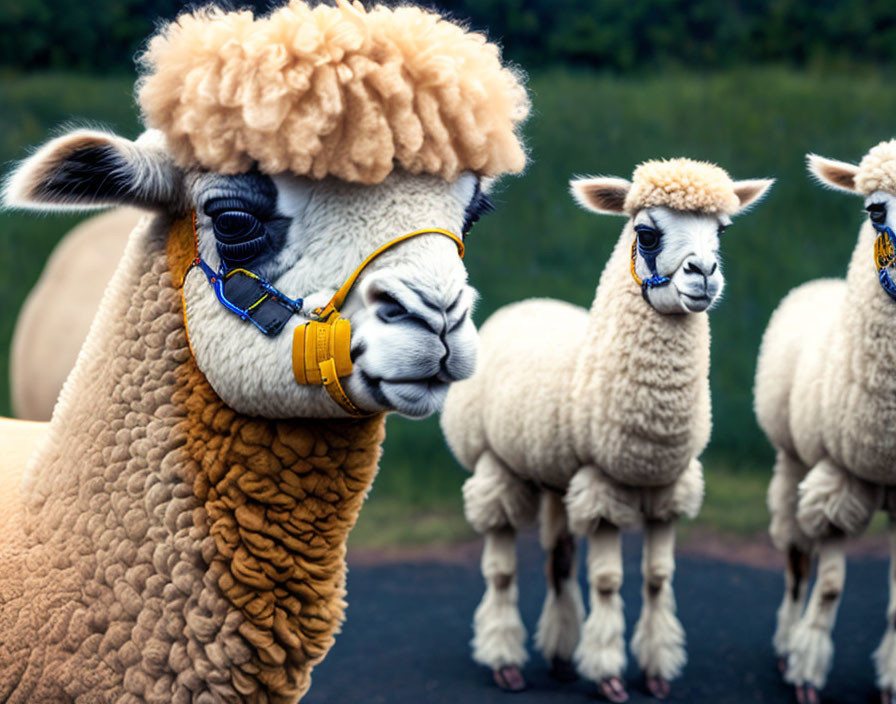 Alpacas with headphones and quirky hairstyle in a field