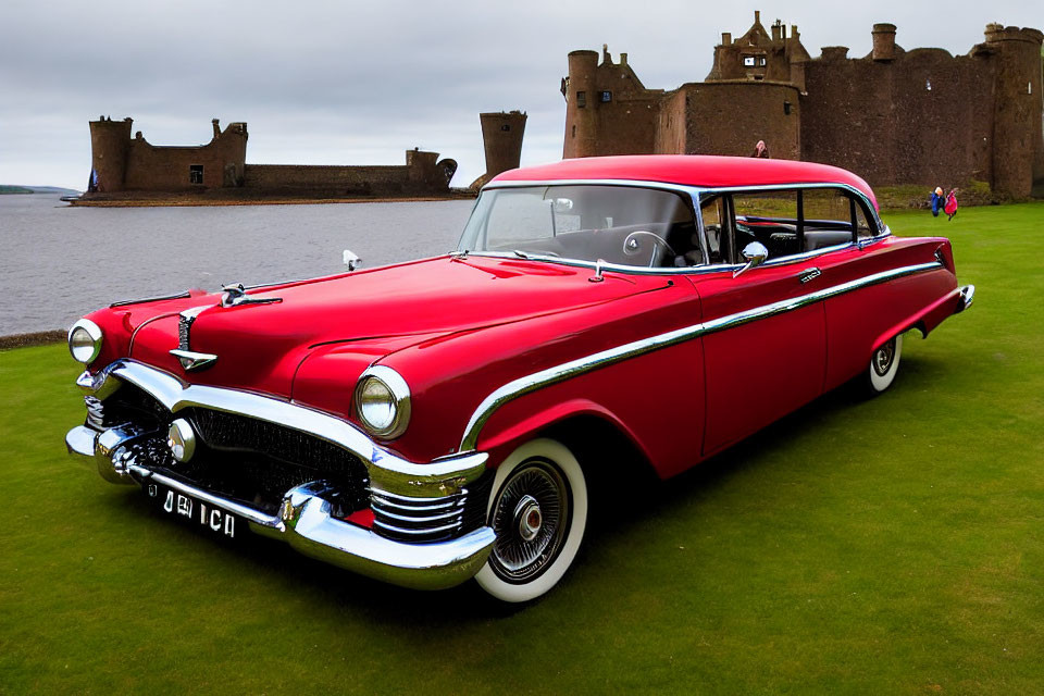 Vintage Red and White Car with Historic Castle and Overcast Sky