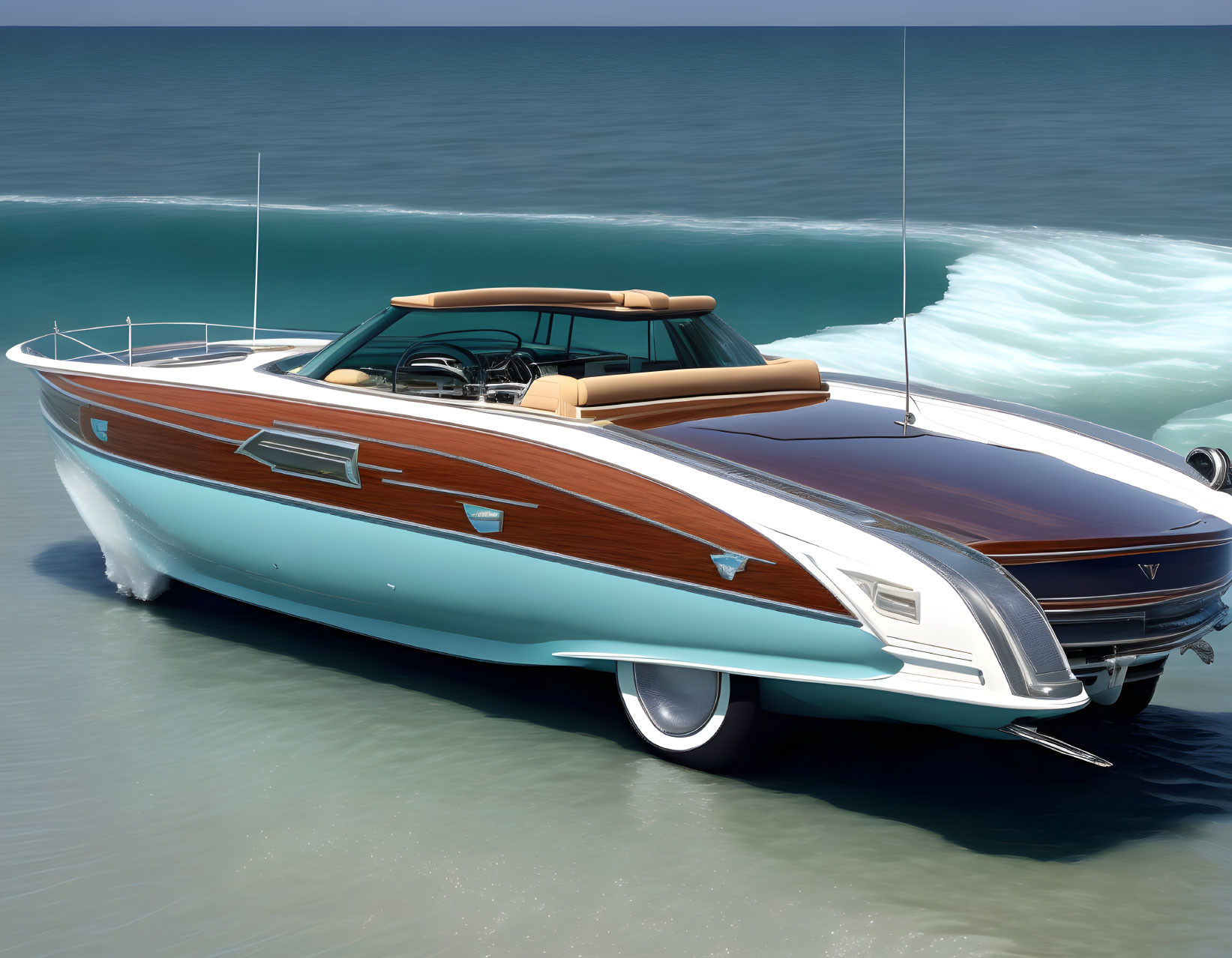 Retro-futuristic boat with car-like design, wood finish, turquoise accents, cruising on blue