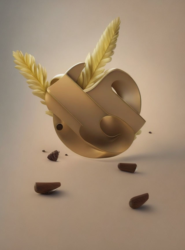 Gold Winged Ampersand Symbol Surrounded by Coffee Beans on Beige Background