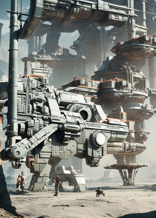 Detailed futuristic spacecraft near industrial structures with figures and robotic dog.