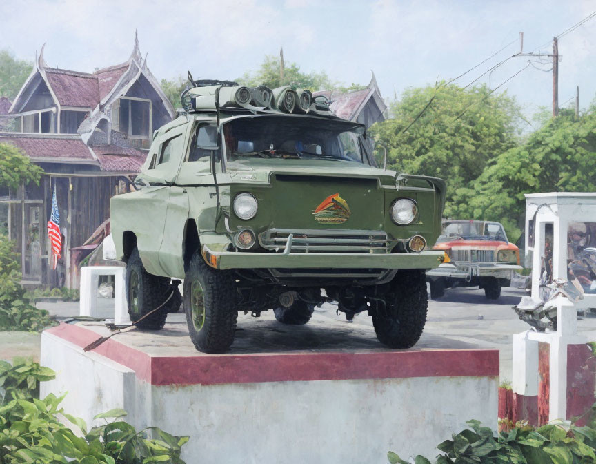 Vintage Green Military Truck Displayed Against Lush Greenery