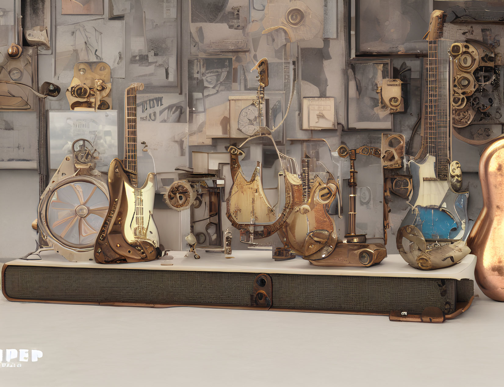 Steampunk-style letter-shaped musical instruments on display with vintage photos and mechanical parts.