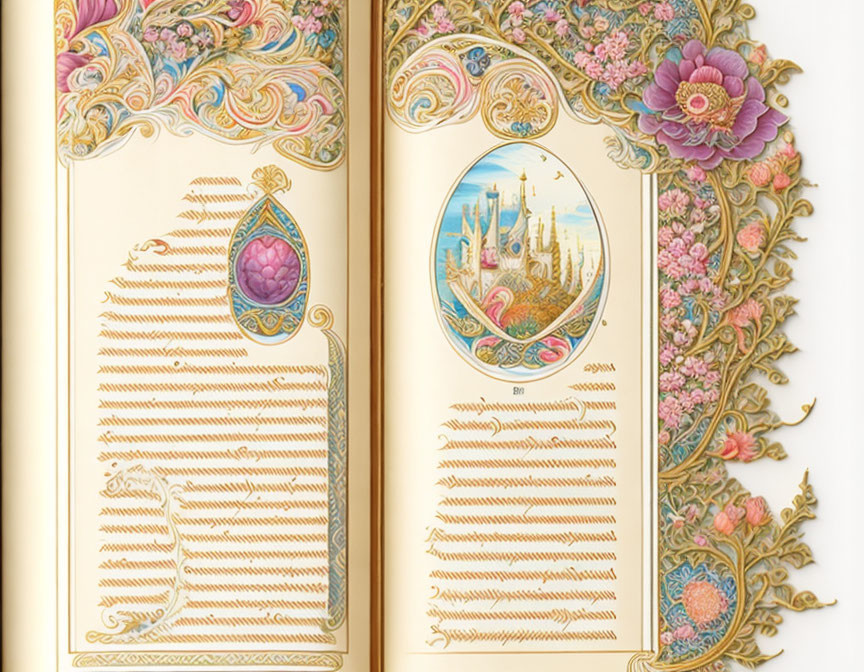 Intricately designed open book with gold-lined floral pages and castle illustration.