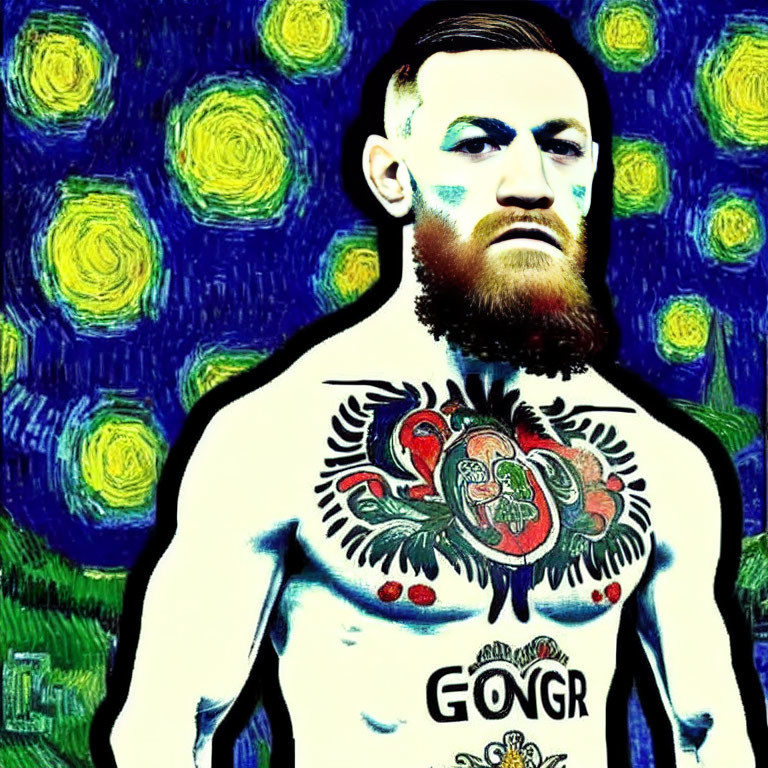 Stylized image of a bearded man with tattoos against a Van Gogh-inspired background