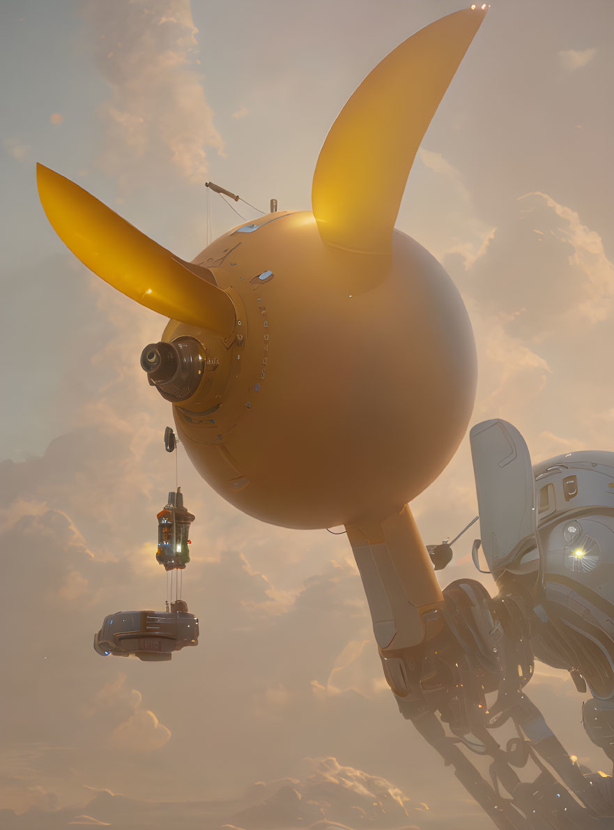 Large Spherical Robot with Yellow Ears Hovering in Misty Sky