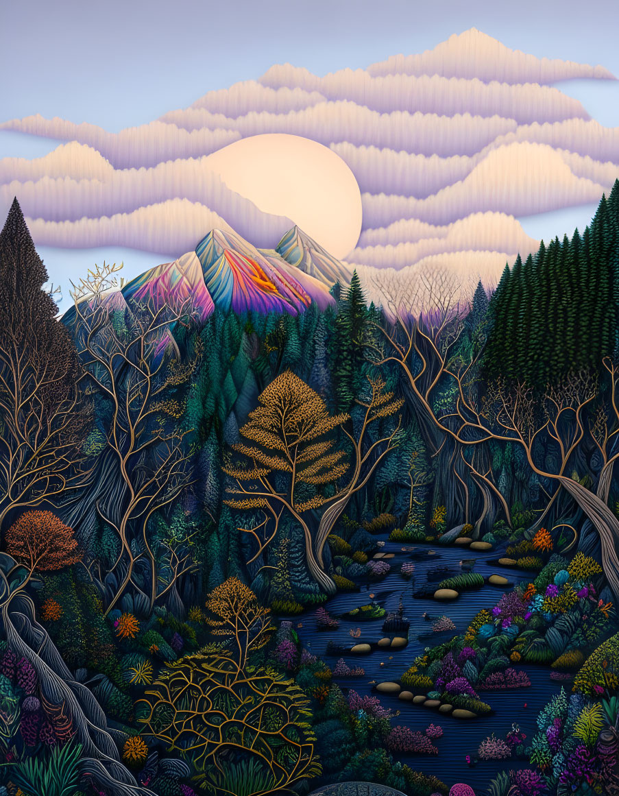 Detailed Artwork of Vibrant Forest with Flora under Pastel Sky