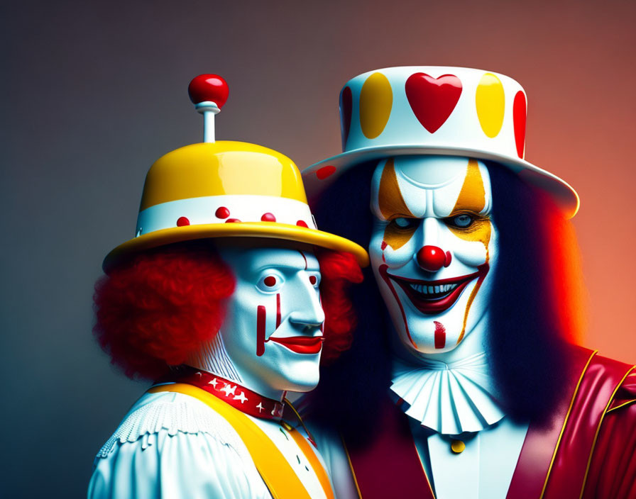 Colorful clowns in vibrant costumes and makeup posing together