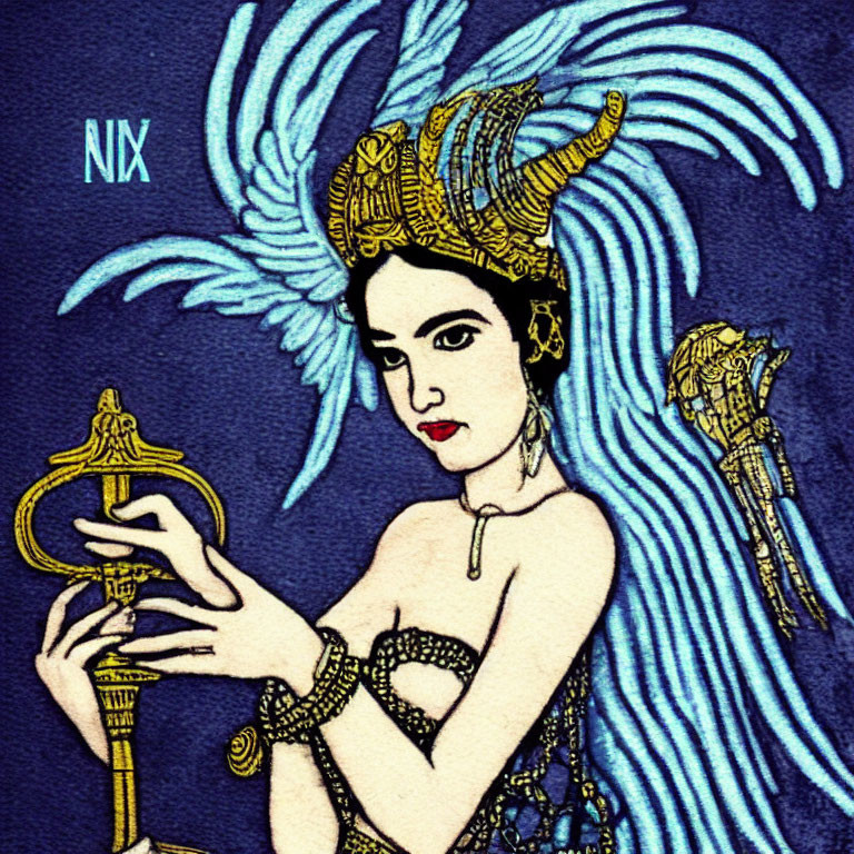 Illustrated woman with mythical headdress and scepter on blue background with "NIX" text