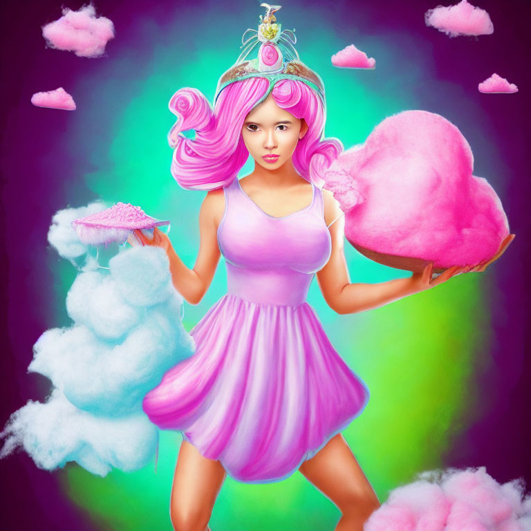 Colorful illustration of person with pink hair holding cotton candy cloud and dish, clock and clouds in background