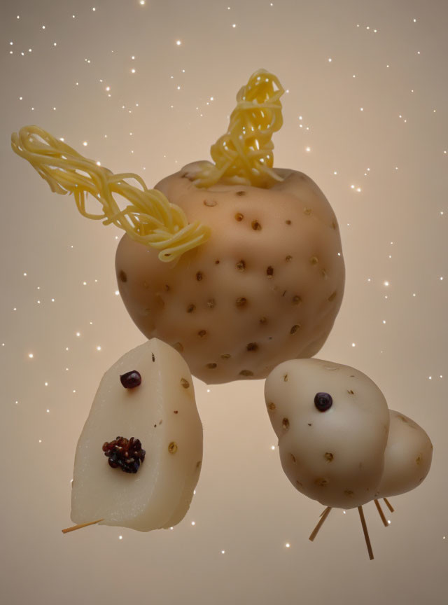 Whimsical mouse food sculpture with potato body and spaghetti ears