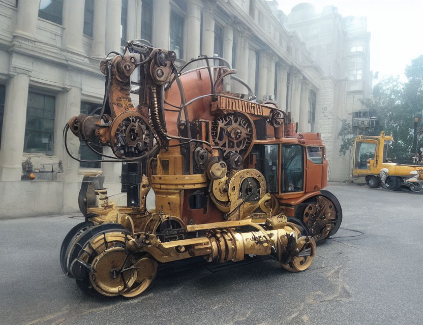 Steampunk-style vehicle with intricate gears parked on city street