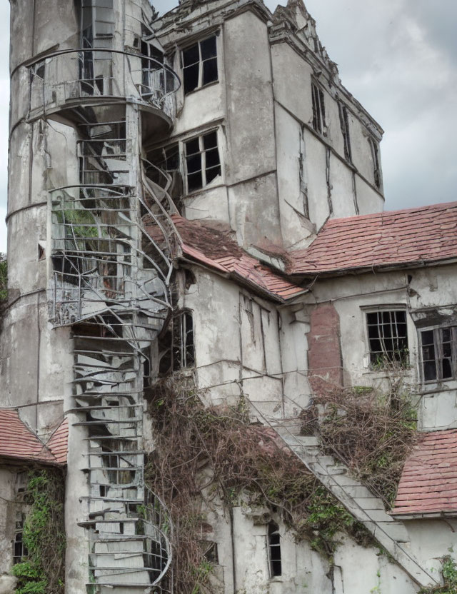 Dilapidated multi-story building with exterior spiral staircase