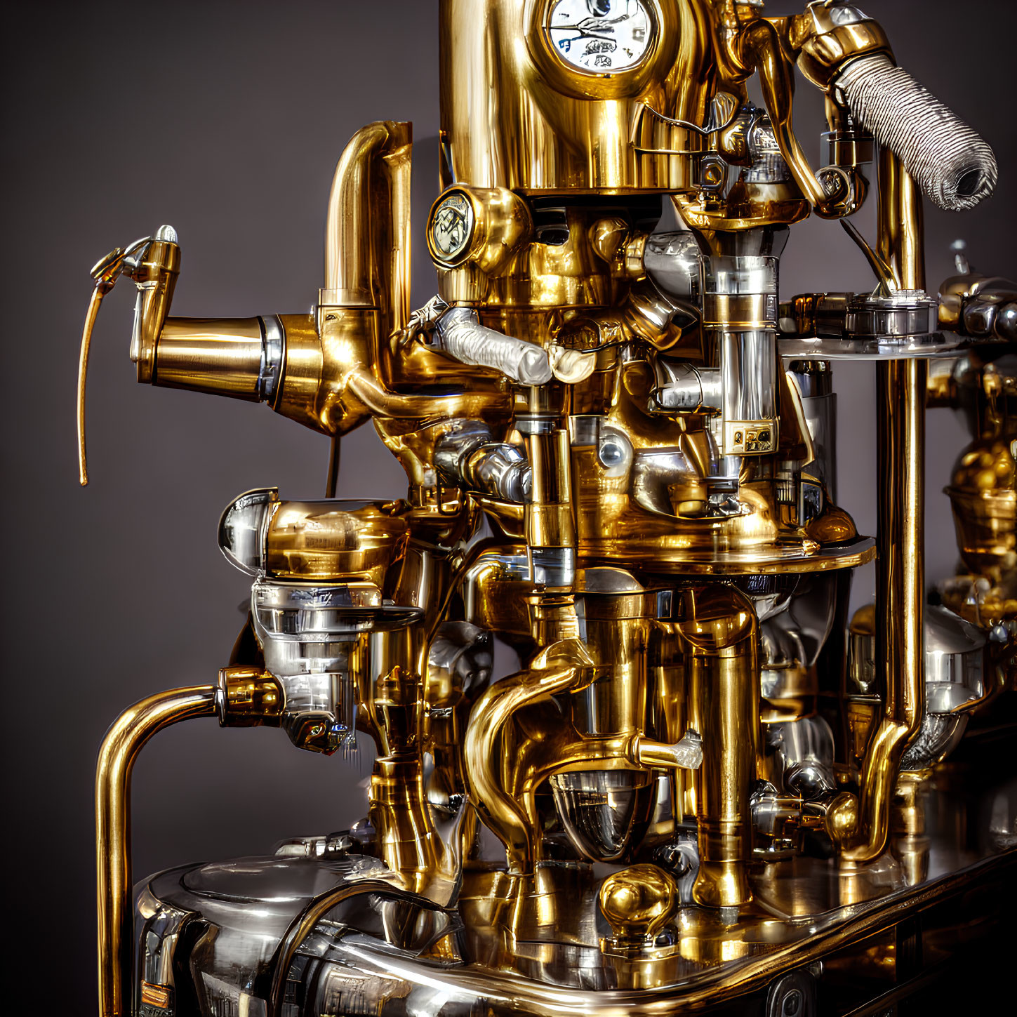Vintage Brass Espresso Machine with Gauges, Levers, and Pipes