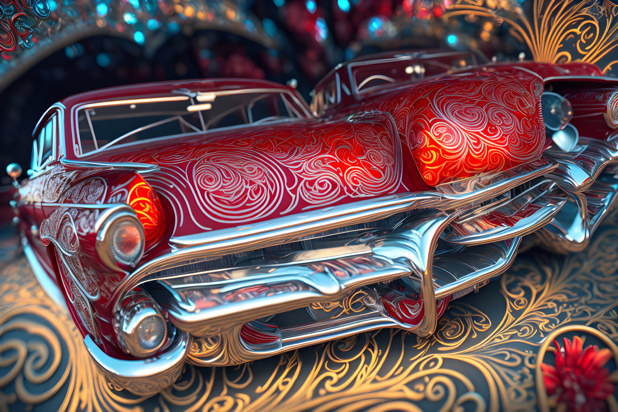 Colorful digital artwork of classic car with red and gold patterns on abstract background