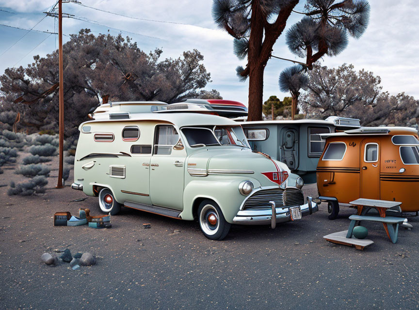 Vintage Car and Matching Caravan in Desert Twilight Scene with Picnic Setup