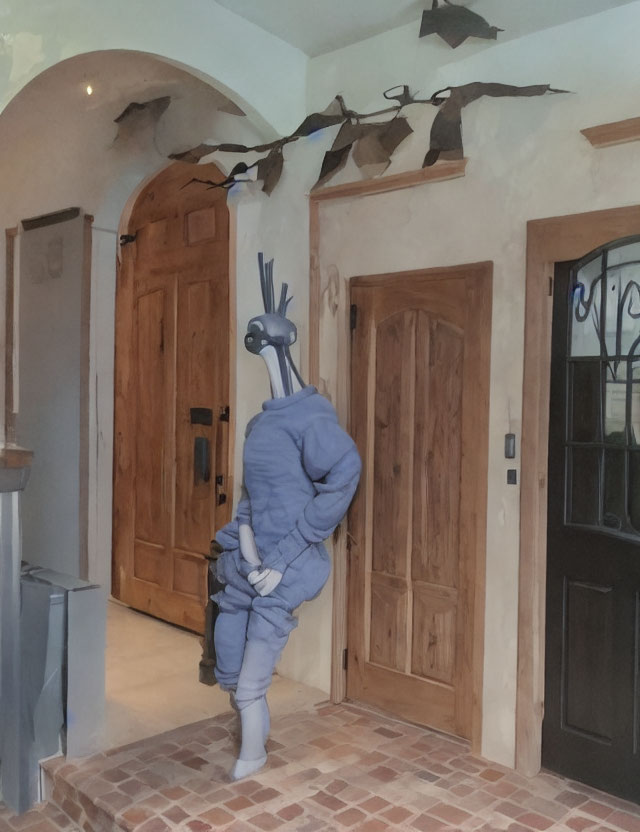 Person in Grey Insect Costume in Hallway with Wooden Doors and Bird Sculptures