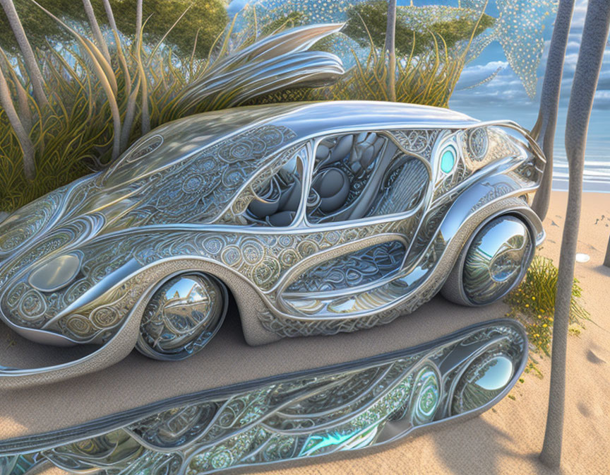 Futuristic car with intricate patterns on sandy beach