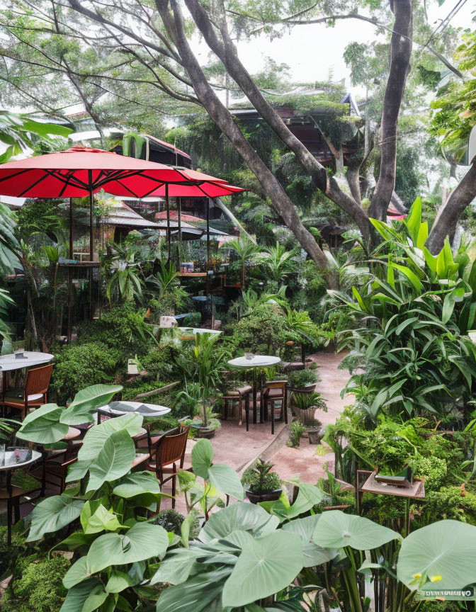 Tranquil outdoor dining at lush garden café with red umbrellas
