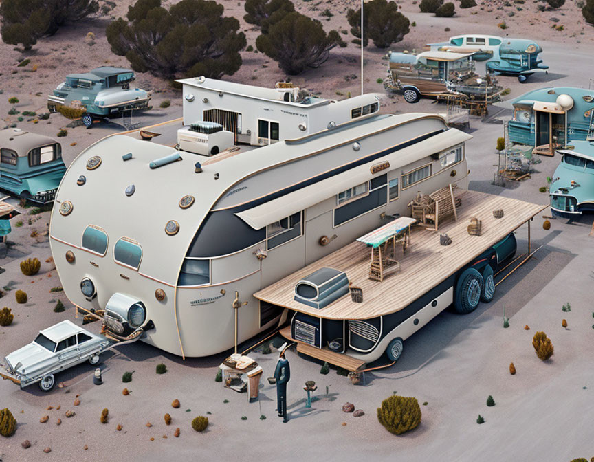 Vintage-inspired RV park with unique trailers, classic car, and person in desert setting