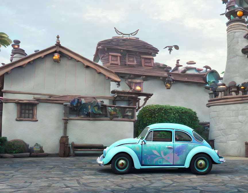 Vintage Light Blue Car with Floral Patterns Parked in Front of Whimsical Buildings