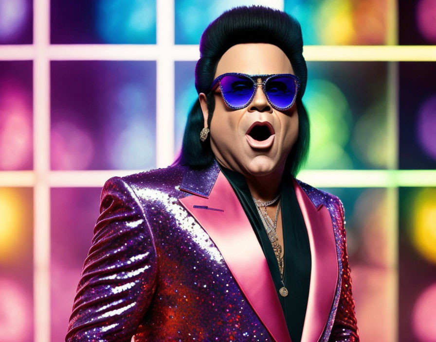 Colorful grid background with animated character in purple jacket and blue sunglasses