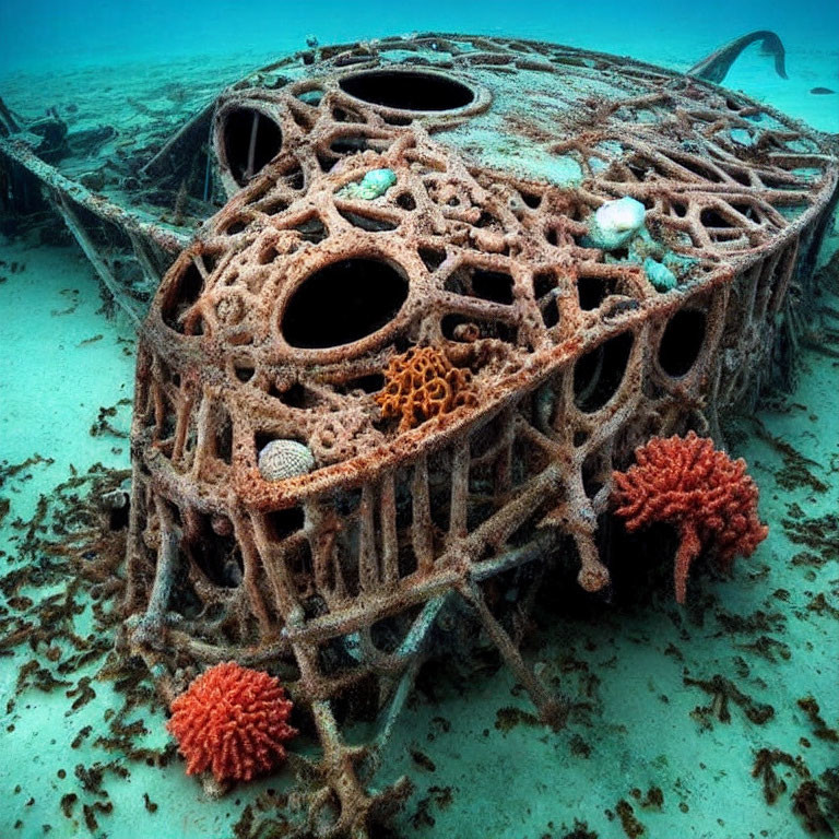 Sunken vehicle structure with coral growths on ocean floor